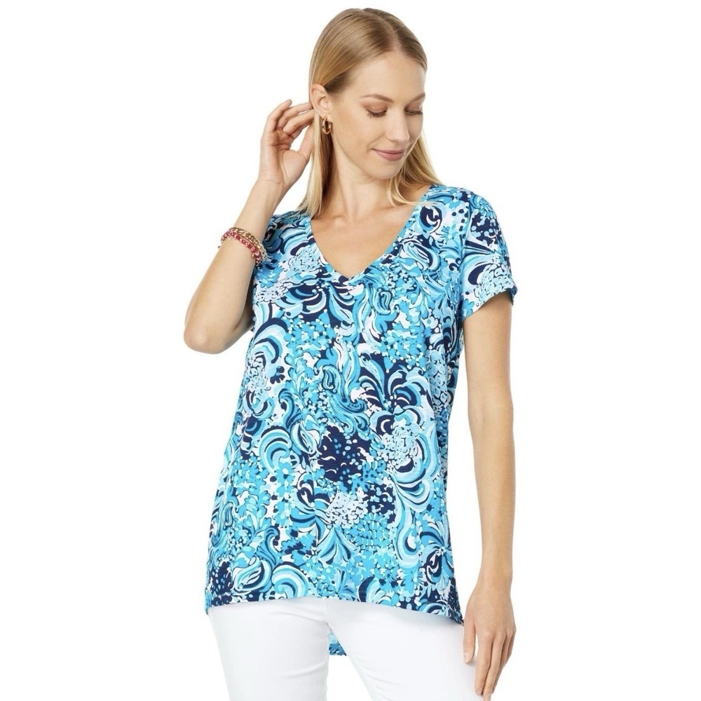 Lilly Pulitzer Etta V-neck Top Resort Blue/White Waves Mermazing Size L Cotton